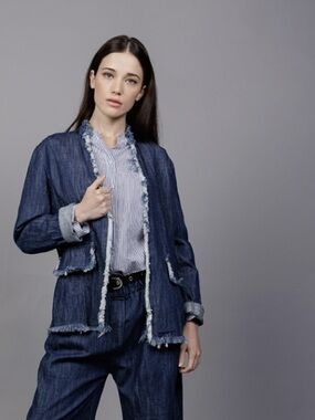 🆕 Elissia 🇮🇹 Sz L Frayed Denim Jean Jacket / Blazer Made in Italy